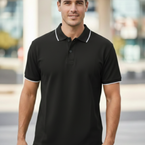 Unisex Black Tipping Cotton Solid Polo Neck T-Shirt